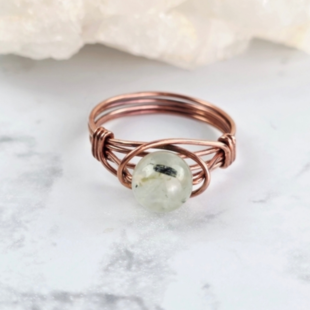 Prehnite Ring Copper Wire Wrapped Green Stone Crystal Bead Artisan Handmade